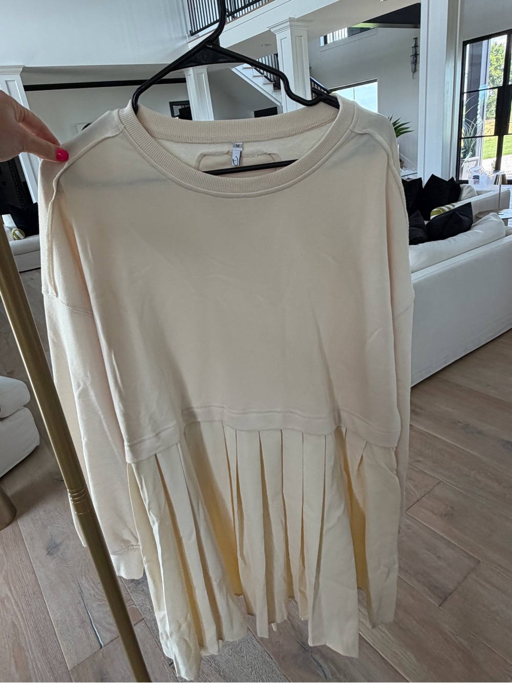 Cream Pleated Hem Long Sleeve Dress